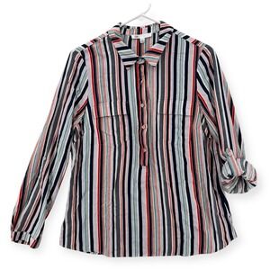 DR2 Button Up Top Womens Petite XS Multicolor Stripe Collared Roll Tab Shirt NWT
